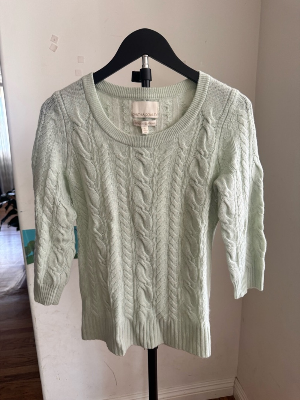 Cynthia Rowley Pastel Mint Cashmere Cable Crew Sweater